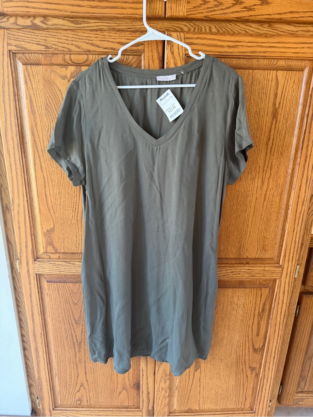 Olive V-Neck Short Sleeve Women's Lightweight Dress